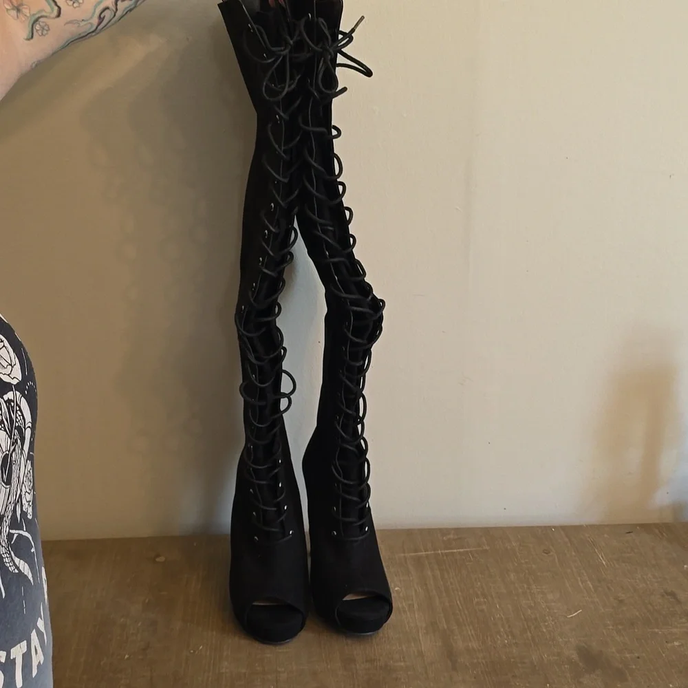 Open Toe Lace-Up Over the knee Platform Boot - Picture 3 of 5